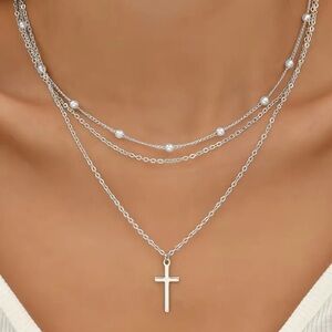 🆕Multilayer Silver Color Cross Necklace